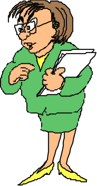 The cartoon shows a woman with glasses holding papers while standing next to an open book; she is wearing earphones around her neck.