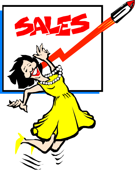 The image shows a cartoon of an animated woman with her arms outstretched as if she's flying through mid-air next to a sign that reads "SALES" in bold red letters on top and has a rocket graphic above it, suggesting upward movement or growth; the background is black.