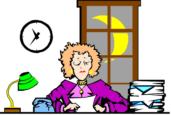 The cartoon depicts a woman sitting at her desk with papers scattered around it; she is holding an envelope while looking downward towards them.