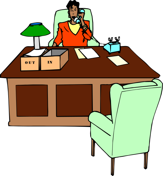 The illustration shows a person sitting at an office desk with papers on it; there's also a chair visible behind them.