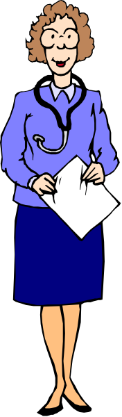 The illustration shows a nurse standing next to an office worker who appears to be writing on paper; both characters wear blue uniforms with white collars.