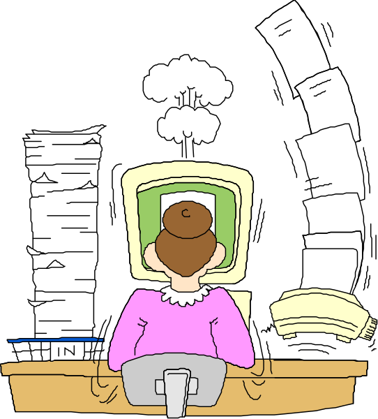 The illustration depicts a woman sitting at her desk with papers flying around due to wind from an open window behind it; she is wearing glasses on top of her head while working in front of a computer monitor, which displays some text and icons that resemble web browsers or spreadsheets. There are multiple stacks of paper piled up next to the woman's arm as if they were being blown away by wind from outside; she is wearing a pink blouse with white collar detailing underneath it. The setting appears to be an office environment, and there seems to be some