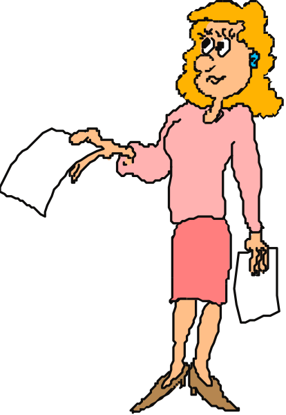 The cartoon shows a woman standing with papers clutched to her chest; she is wearing glasses on top of her head, has blonde hair pulled back into an updo, wears a pink shirt under what appears to be a white cardigan sweater and dark pants or skirt, holds two pieces of paper in each hand.