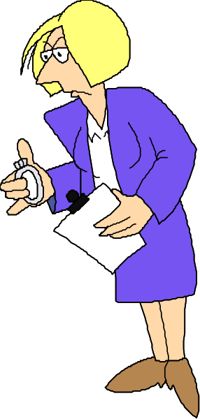 The cartoon shows a woman wearing glasses standing next to an open door with papers on her hand; she is pointing at something outside of frame while looking concerned.