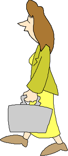 The cartoon shows a woman walking down an alleyway carrying a briefcase while wearing heels; she is dressed professionally in business attire with yellow blazer over green shirt and brown skirt.