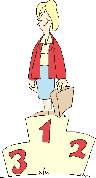 The cartoon shows a woman standing on top of three numbered podiums with numbers 1 through 3; she is wearing blue pants and holding an umbrella in her right hand while looking to the left, smiling slightly as if posing for this image. There are no other objects or people visible within the frame provided by the clip-art style border of a black rectangle on top and bottom with white borders around it.