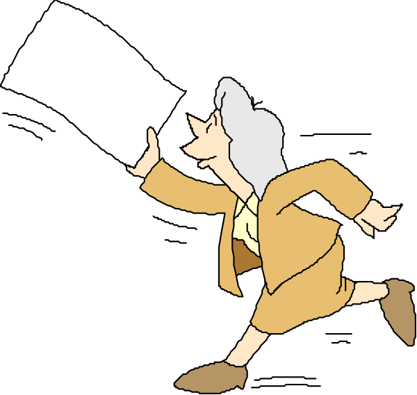 The cartoon shows a woman running with papers flying out of her hands; she is wearing brown shoes and has blonde hair tied back in a ponytail.