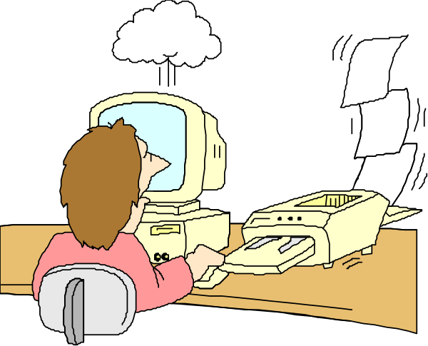 The cartoon shows a person sitting at an office desk with papers flying around them due to typing on their computer keyboard; there's also a cloud of paper in front of the monitor screen above it.