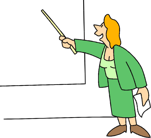 The cartoon depicts a woman standing at an easel with her hand on hip pointing to something off-screen while holding chalk in other hand; she is wearing glasses and has short hair.