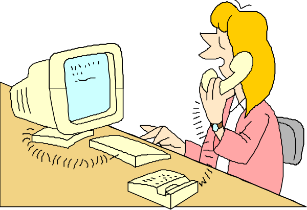 The cartoon shows a woman sitting at her desk with an old computer monitor on it; she is talking on the phone while holding another device in one hand.