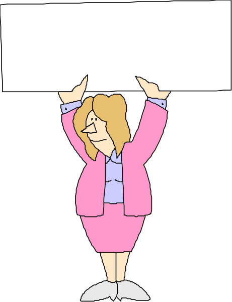 The cartoon shows a woman holding up an empty sign with her left hand while standing on what appears to be a stage; she is wearing pink clothing including shoes that match her outfit.