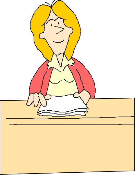 The cartoon depicts a woman sitting at her desk with papers on it behind an open book; she is wearing glasses over eyes that look tired.