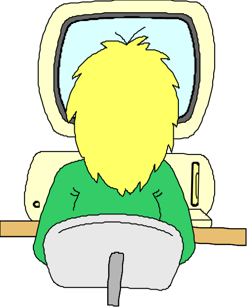 The cartoon shows a person sitting at a computer desk with their back to us; there is an animated television screen behind them displaying static in front of which sits another smaller monitor showing what appears to be a webpage, and below that, on top of a keyboard, rests the hand of someone.