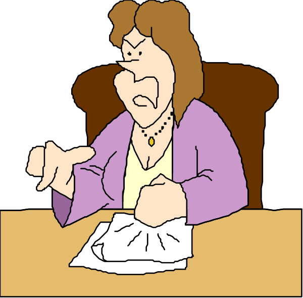 The cartoon shows a woman sitting at her desk with papers spread out before her; she is gesturing towards them while speaking to someone off-camera who appears frustrated by something on one of those pieces of paper, which seems to be an important document that needs attention or correction.