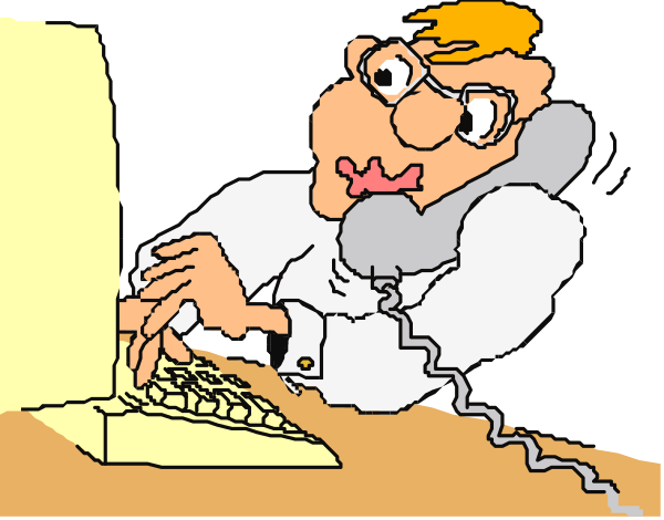 The cartoon shows a man sitting at his desk with an open laptop computer on it; he is wearing glasses and has gray hair. He appears to be in deep thought while looking downward towards something off-screen, possibly related to work or study.