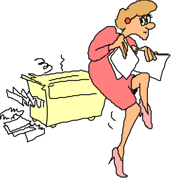 The cartoon shows a woman dressed as an office worker running towards a printer with papers flying out of it; she is wearing high heels and carrying documents in her hands while looking down at them.