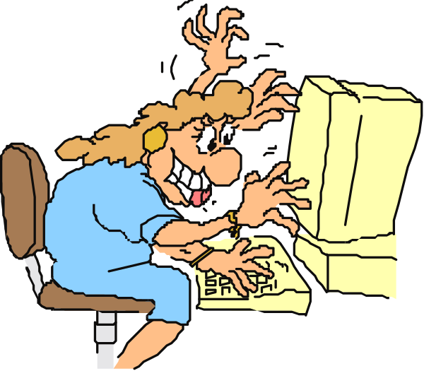 The cartoon shows a woman sitting at her desk with an open laptop computer on it; she appears to be working intently while looking upwards towards something off-frame that has caught her attention.