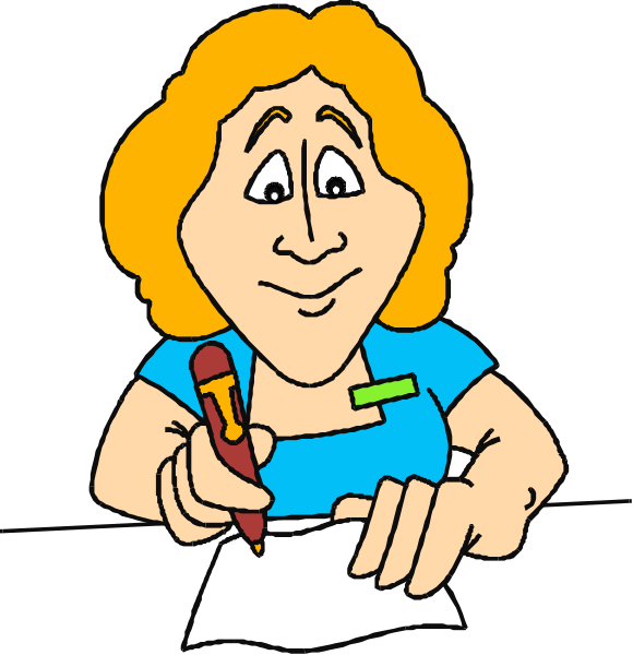The cartoon shows a woman with blonde hair wearing glasses sitting at her desk writing on paper while holding an ink pen in hand.