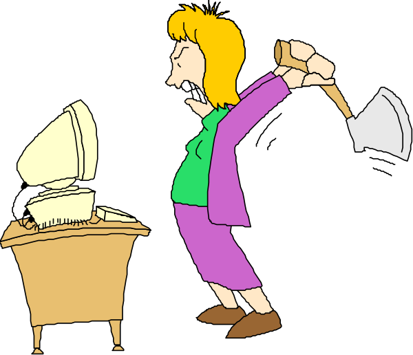 The cartoon shows a woman with blonde hair wearing glasses standing next to two computer monitors on desks; she is holding an axe in her right hand over one of them while looking at another monitor where there's a mouse and keyboard, suggesting frustration or anger towards technology malfunctioning.