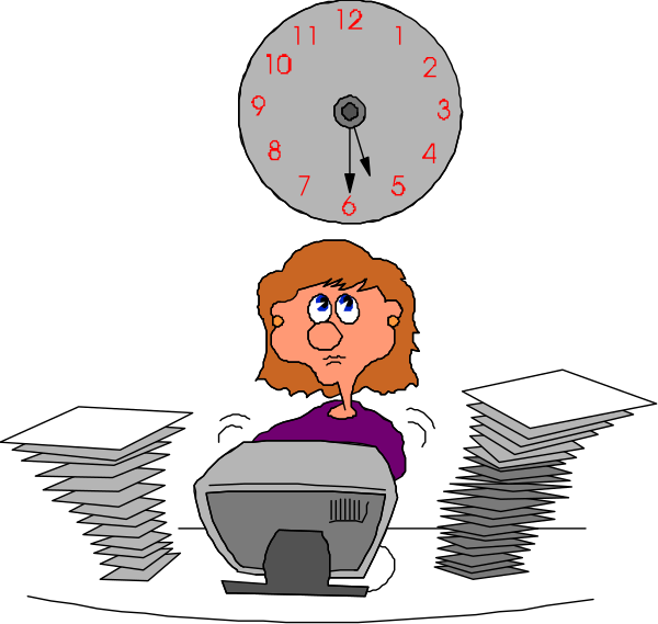 The cartoon depicts a woman sitting at her desk with stacks of papers on it; she is looking upwards towards an alarm clock that reads 10:35 pm while working in front of multiple piles of paperwork, suggesting multitasking or being overwhelmed by workload. There are no other objects present and the setting appears to be a home office environment with minimal decoration. The woman has short brown hair and is wearing glasses; she seems focused on her task despite the time displayed on the clock indicating it's late at night, which could imply that she might