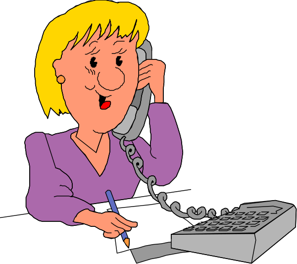 The cartoon depicts a woman sitting at her desk with papers on it while talking on an office phone; she is wearing glasses and has blonde hair.
