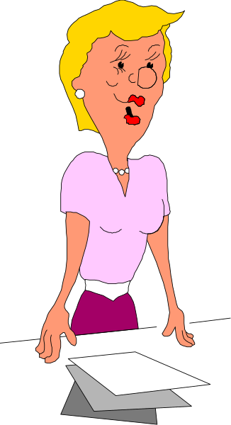 The cartoon depicts a woman standing at her desk with papers scattered around it; she is wearing an office outfit consisting of a purple blouse and black skirt.