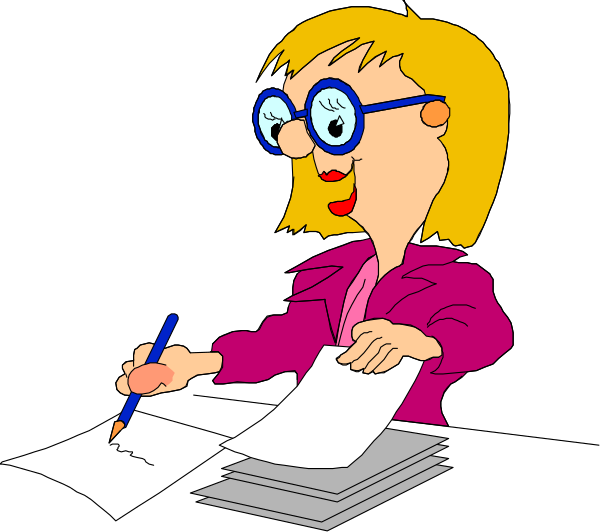 The cartoon shows a woman with glasses sitting at her desk writing on papers while holding a pen; she is wearing pink clothing and has blonde hair.