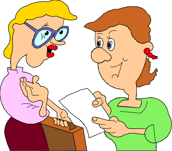 The image shows three animated characters: a woman holding papers with her left hand while looking at them; another character standing next to her who is also reading from some paperwork in their right hand; and an older man, wearing glasses, sitting down on what appears to be a chair or desk behind the two others. They are all indoors under artificial lighting.
