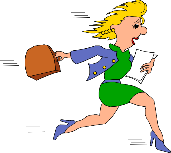 The cartoon depicts a woman running with papers flying out of her handbag while holding an envelope; she is wearing heels and carrying a briefcase in one arm as well.