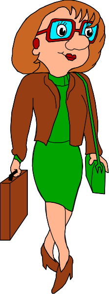 The cartoon features a woman with glasses wearing a green dress standing next to an open briefcase on what appears to be a city street at nighttime.