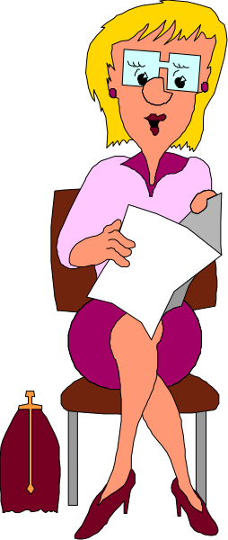 The cartoon depicts a woman sitting on an office chair with her legs crossed atop another chair; she is holding papers in both hands while wearing glasses over eyes that look upwards to read them.