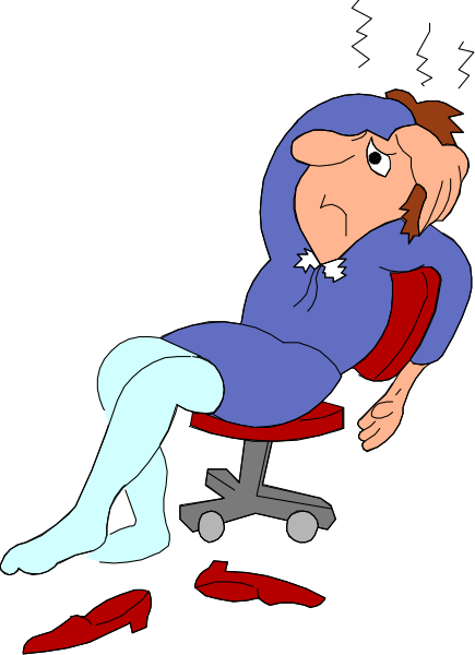 The cartoon shows a man sitting on an office chair with his head resting on it; he is wearing glasses and has blue hair. He appears to be in deep thought as suggested by one hand holding his face, while another rests casually over his knee. His attire consists of a dark shirt paired with light pants. The background features the silhouette of an office desk against which hang two red fish on strings; there is also some scattered paperwork and what appears to be a small potted plant in front of him, adding to the cluttered yet cozy atmosphere of