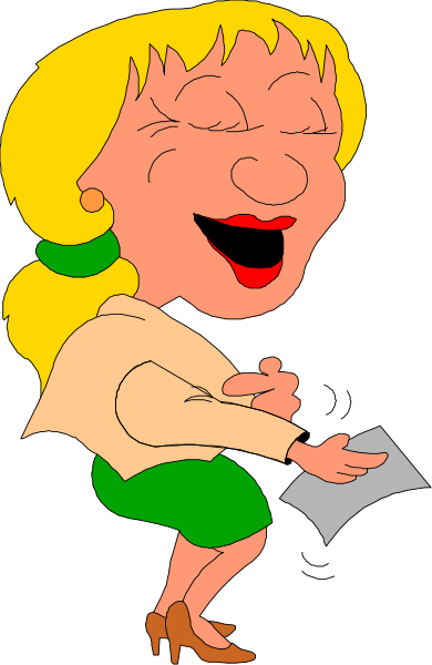 The cartoon shows a woman with blonde hair wearing glasses standing on her head while holding papers; she is laughing heartily in front of an office building background.