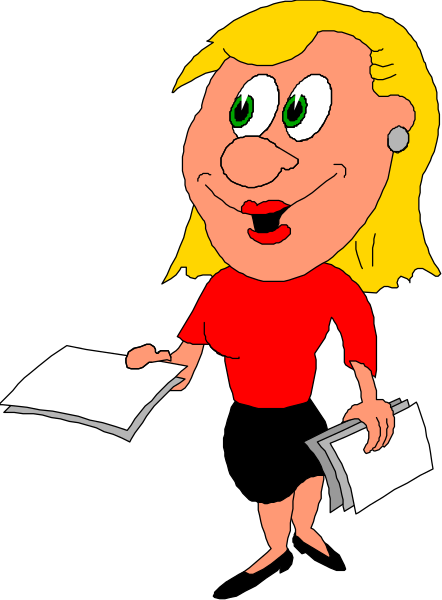 The cartoon shows a woman holding papers with her left hand while standing on what appears to be an escalator; she is wearing red clothing and has blonde hair tied back in a ponytail.