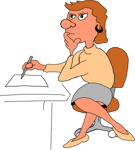 The cartoon depicts a woman sitting at her desk with paperwork spread out before her; she is holding a pen in one hand while resting it on another piece of paper as if deep in thought about something important, possibly related to work given that there's an open book and papers scattered around.