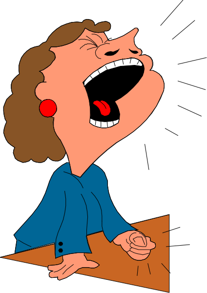 The cartoon shows a woman with her mouth wide open as if screaming, wearing glasses on top of her head; she has red hair tied in pigtails and is dressed in blue clothing.
