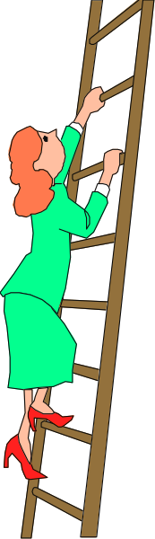 The image shows a cartoon of an animated woman climbing up a ladder with her left hand on each rung while wearing red shoes; she is depicted in profile view against a dark background that has been split into two halves by what appears to be a vertical line, creating a visual illusion as if the scene continues beyond this point.