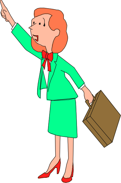 The cartoon shows a woman dressed as an executive with red hair standing upright on her head while holding onto briefcase handles in each hand; she is wearing a green suit jacket over a white blouse and has one foot raised off the ground, pointing towards something or someone not visible within this image.