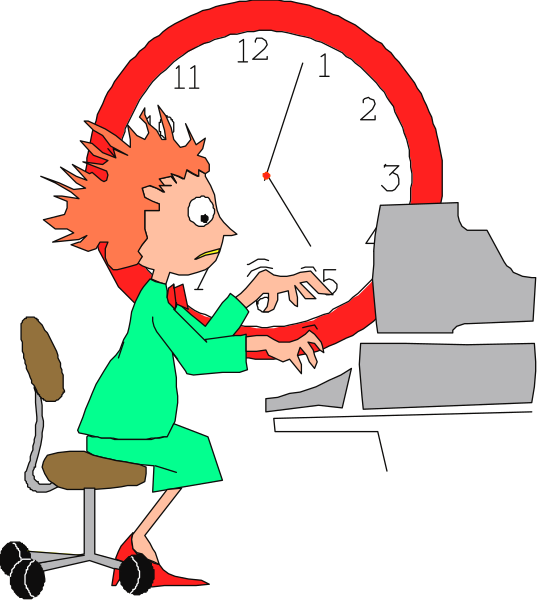 The cartoon depicts a woman playing an organ with her right hand while holding onto it for support; she is seated at a desk in front of a large clock that reads 12:05 pm, and there's another smaller clock on top left corner showing 9 am. She has red hair styled into spikes and wears glasses over eyes looking downward with an expression of concentration or worry. The background appears to be dark gray, providing contrast for the white-outlined objects in this image. There is no text present within the frame provided by you. This description focuses