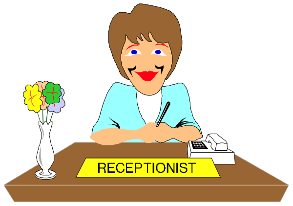 The cartoon depicts a woman sitting at her receptionist desk with an open book before her; she is wearing glasses and has blue hair.