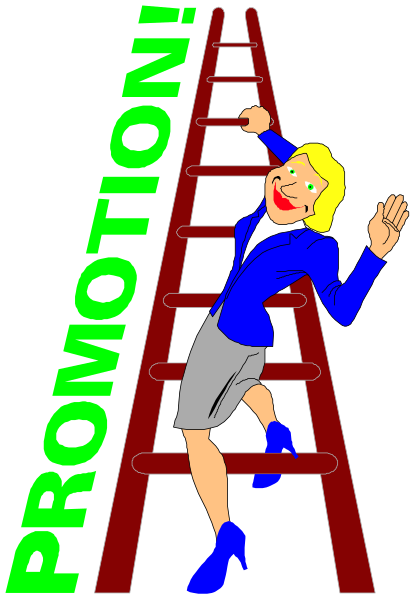 The image shows a cartoon of an animated woman standing on top of a ladder with her arms outstretched as if she's about to fall off it; above her is text that reads "PROMOTION."
