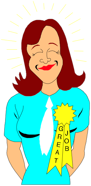 The image shows a cartoon of an animated character resembling Marilyn Monroe with red hair wearing blue clothing standing in front of what appears to be sun rays emanating from behind her head, and she is smiling at something off-frame; there's text on the ribbon around her neck that reads "GREAT JOB" along with a small graphic resembling an award or medal.