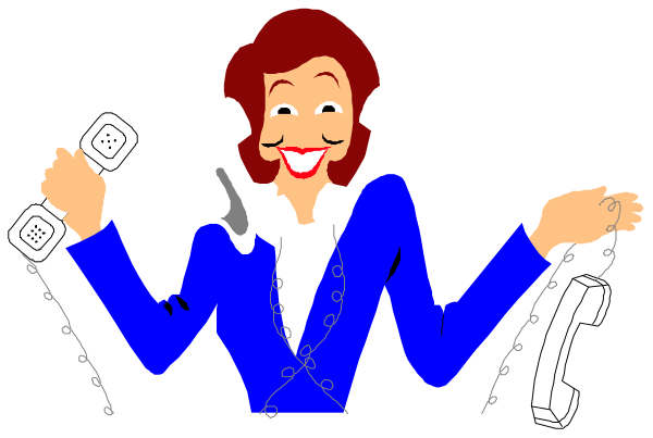 The cartoon depicts a woman with red hair wearing glasses holding three phones to her ears while juggling multiple tasks on two additional screens in front of her; she is also balancing several chainsaws precariously, and there's an image of another person behind her who appears surprised or shocked.