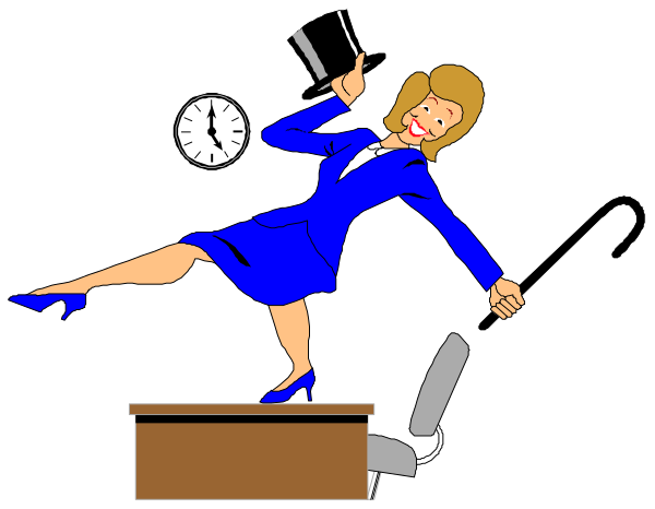 The cartoon depicts a woman dressed as an office worker who has fallen off her chair while holding onto a cane; she is in mid-air with one leg on top of another desk.