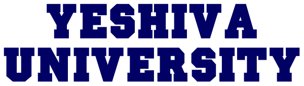 The image shows a logo with text that reads "YESHIVA UNIVERSITY" on it against a blue background.
