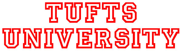 The image shows a logo with text that reads "TUTTS UNIVERSITY" on top of an illustration resembling a shield-like emblem in red against a white background at bottom right corner, and above it is another line of smaller text reading 'University'.