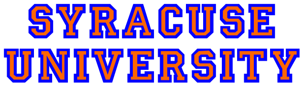 The image shows a logo with text that reads "SYRACUSE UNIVERSITY" on it against a blue background.