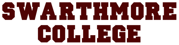 The image shows a logo with text that reads "SWARTHMORE COLLEGE" on top of an illustration depicting what appears to be a building facade in red brick color against a white background, and below it is another line of smaller text reading "SWARTHMORE SCHOOL."
