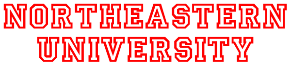 The text "NORTHEASTERN UNIVERSITY" on a red background with white borders is visible against an image of what appears to be a building facade in black and grey tones.