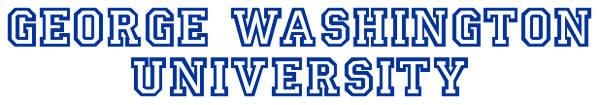 The text "george washington university" on a blue background with white lettering is displayed atop an illustration of what appears to be a building resembling that institution's architecture.